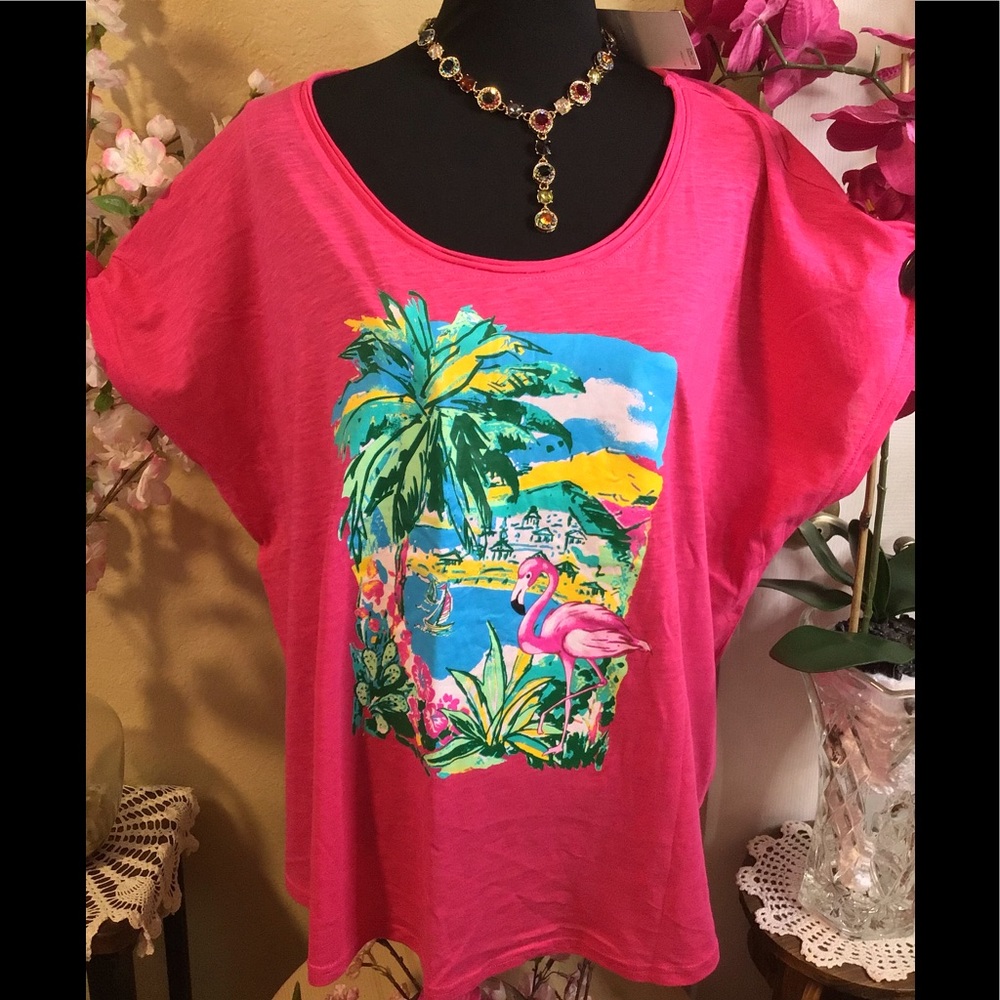 NWT KiwiFresh 2X Pink Flamingo Island Tropical Top - Picture 2 of 12
